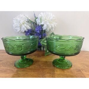 Vintage E.O. Brody Co. Green Glass Pedestal Compote Bowls Pressed Floral Pattern